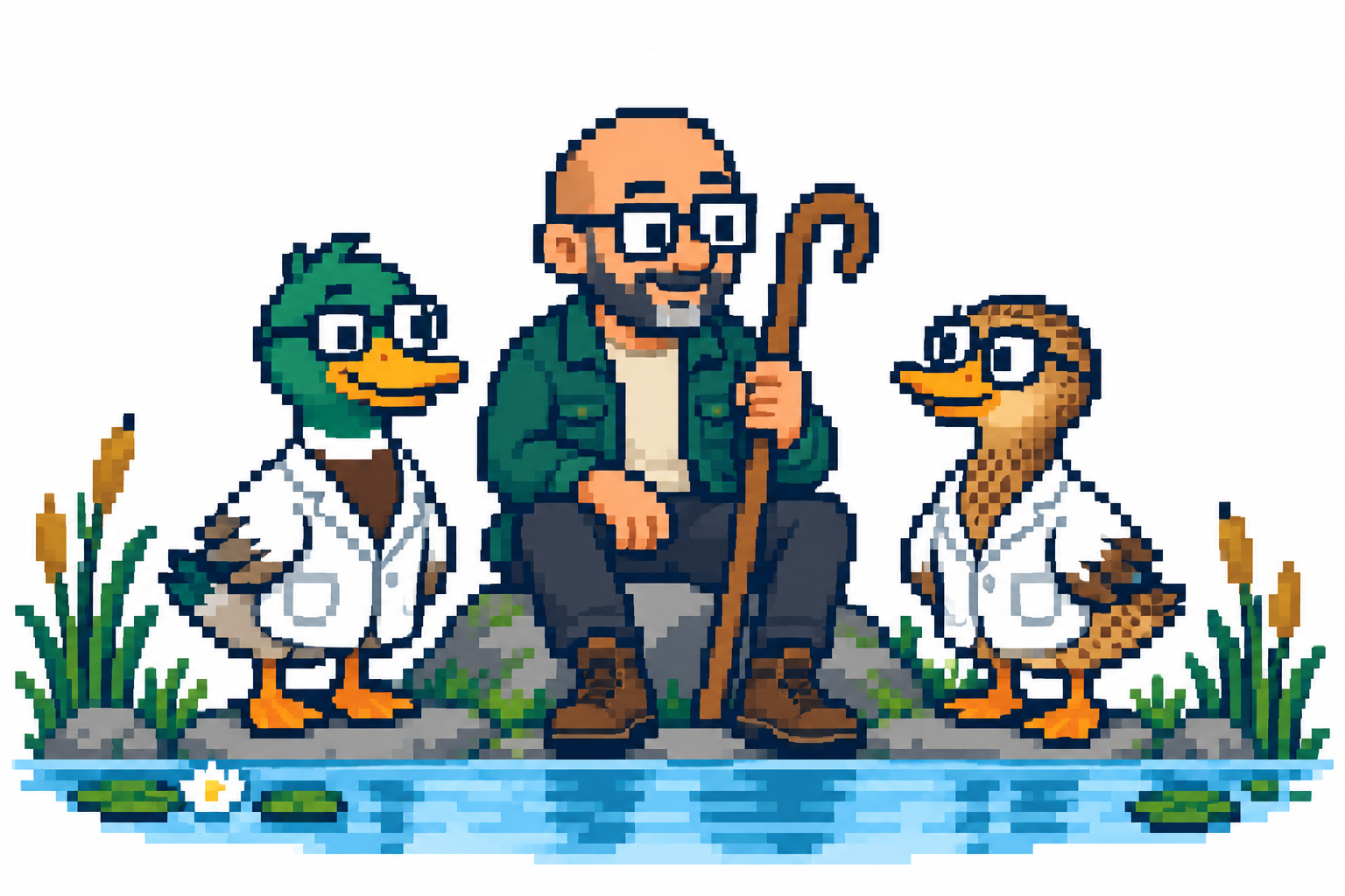 The mallard shepherd, the founder: a bald man with glasses and a short salt-and-pepper beard, in a green chore jacket, charcoal trousers and brown boots, between Claude the drake and Codex the hen