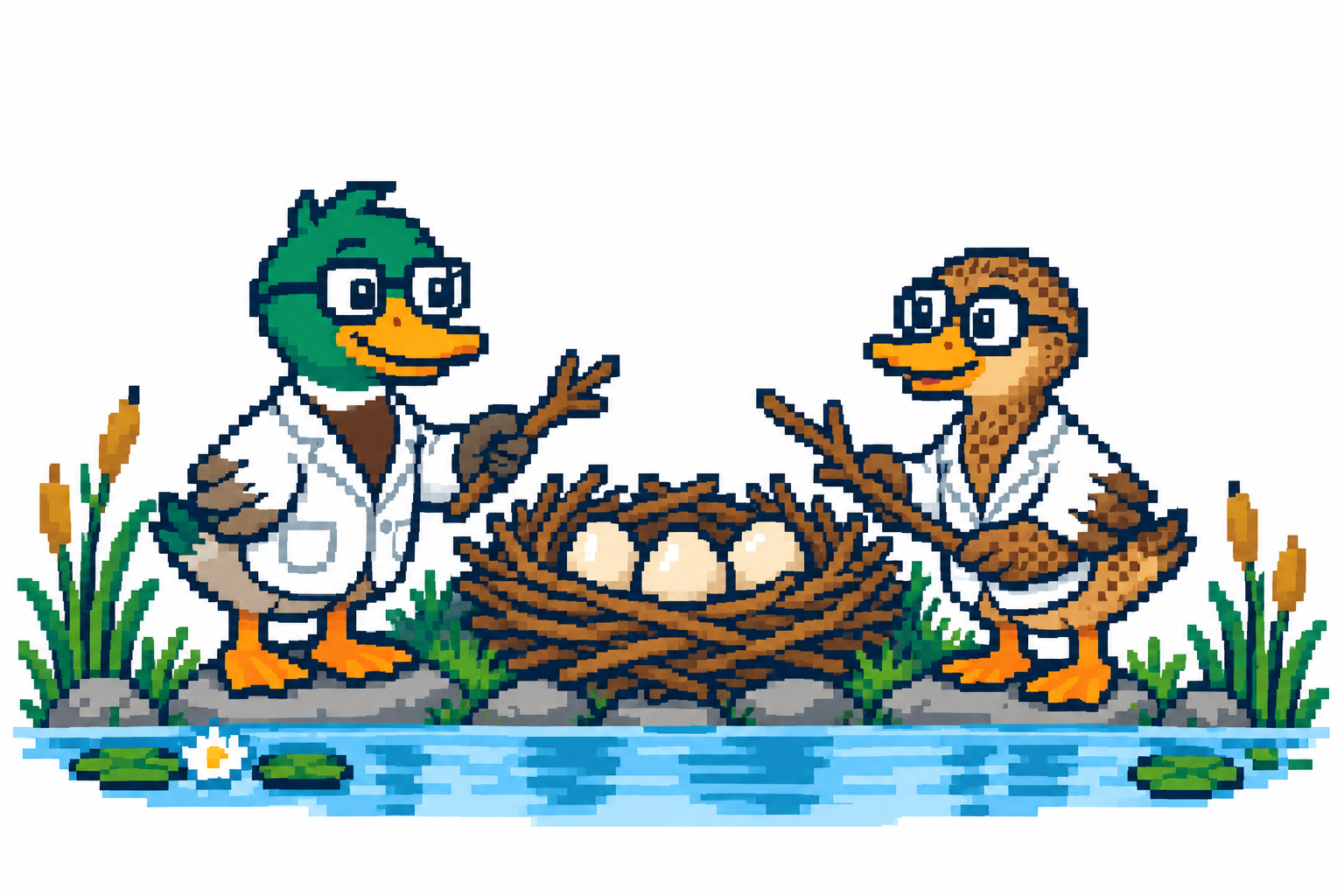 Claude the drake and Codex the hen beside the nest, with three eggs