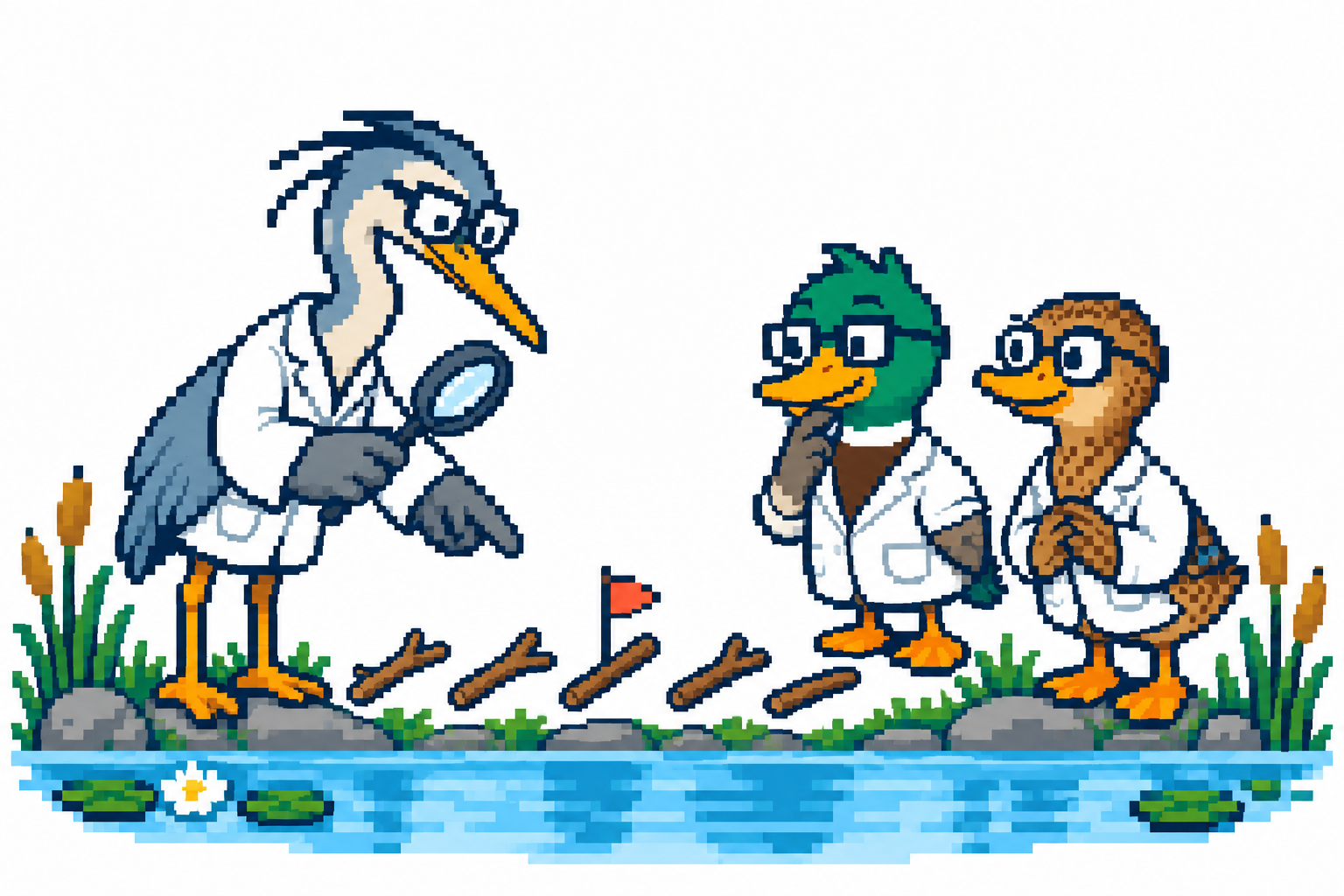 GitHub Copilot, the heron, inspects the twigs on the bank and flags one