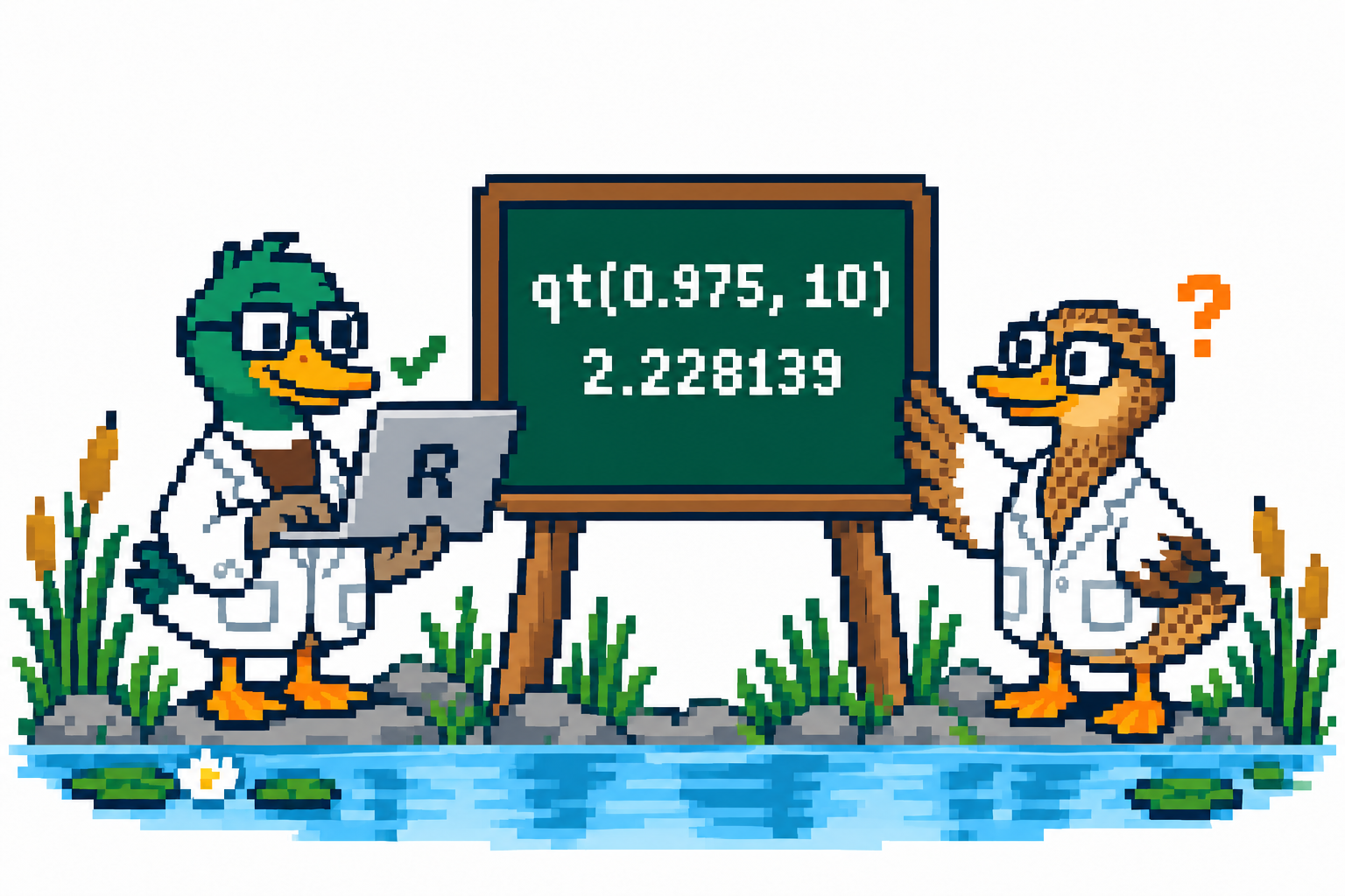 The hen questions a calculation while the drake checks it against R: qt(0.975, 10) is approximately 2.228139.