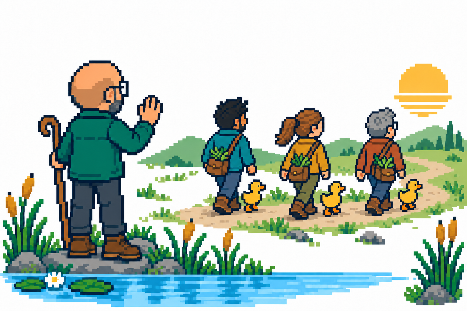 The founder watches from the pond as three village healers in contemporary outdoor clothes carry herb satchels toward the sun, each with a duckling beside them.